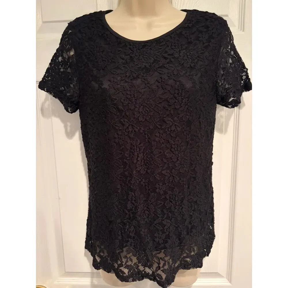 NWT Carmen Marc Valvo Black Lace Top Medium Sheer Floral Cocktail Party Chic - Picture 3 of 11